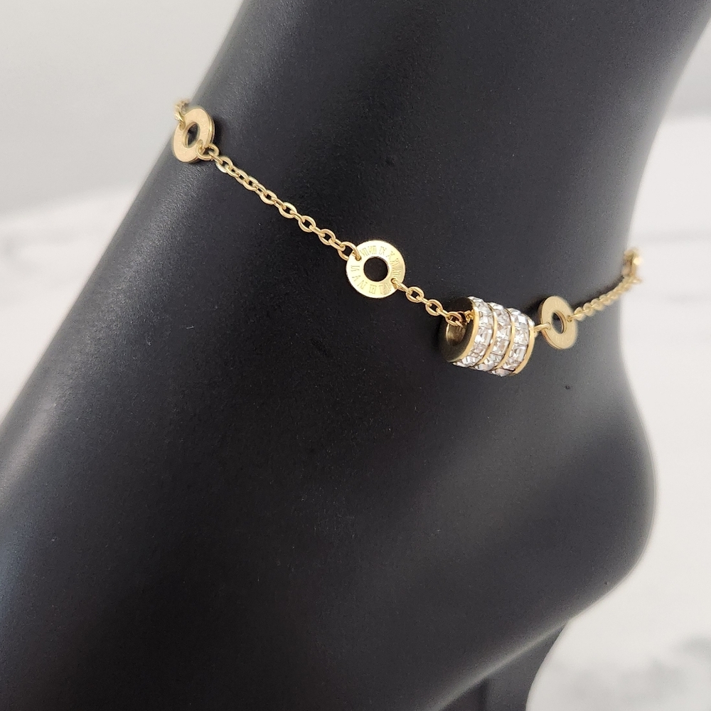Gold Roman Numeral Anklet Crystal Stainless Steel Ankle Bracelet - Picture 6 of 16